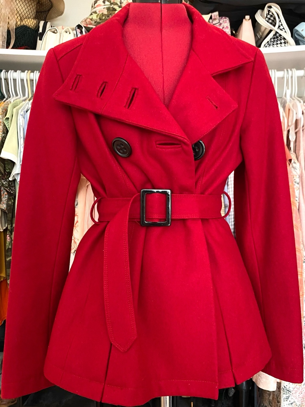 🍁🍎❤️ Red Trench Pea Coat Belted Double-Breasted Fall Autumn Preppy Collegiate